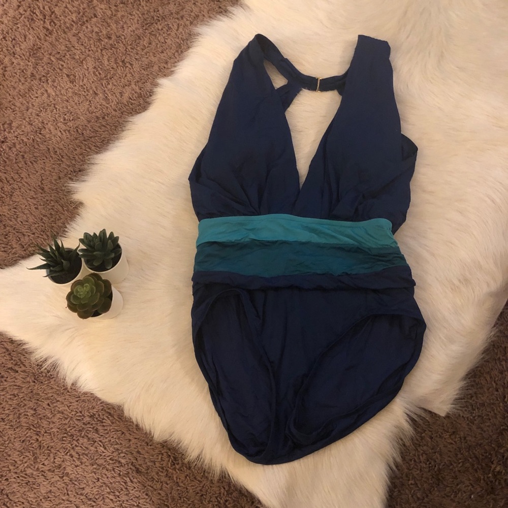 Baddley Mischka swim- one piece draped peacock